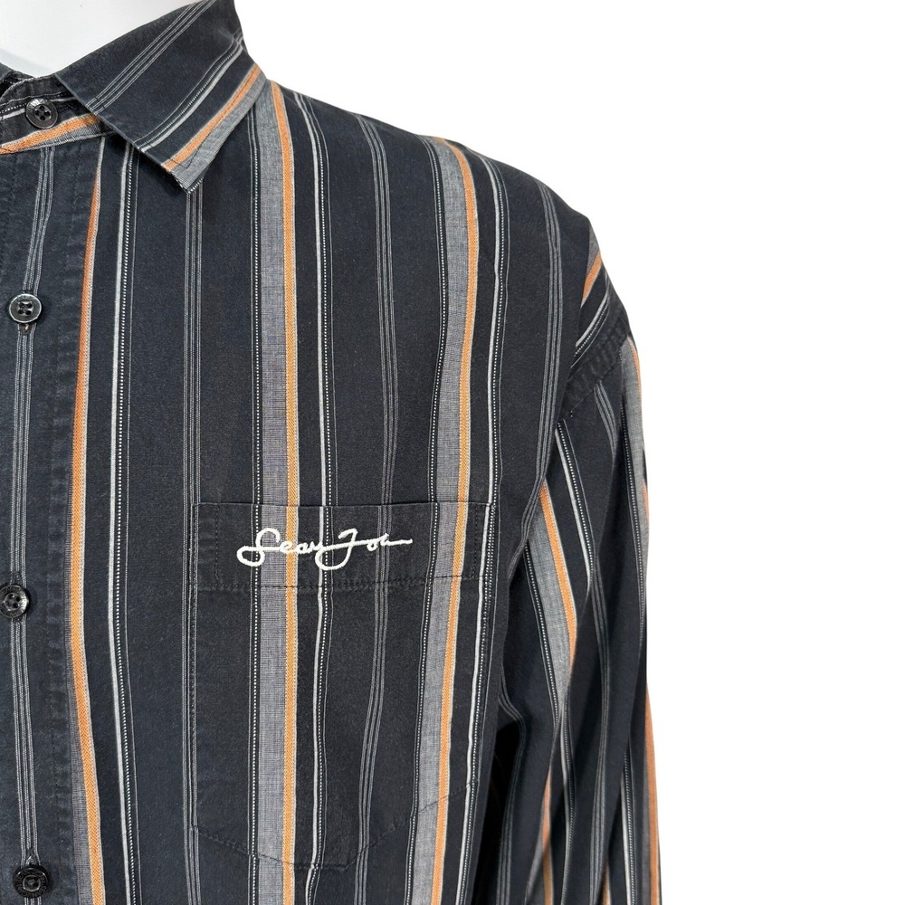 Sean John Mens Button Down Shirt Black Stripe Casual Long Sleeve Cotton Size XXL